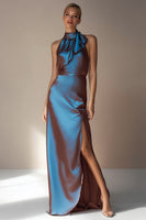 Load image into Gallery viewer, Electric Blue Ruffled Sheath High Neck Long Formal Dress with Slit