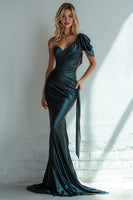Load image into Gallery viewer, Dark Green Mermaid One Shoulder Long Formal Dress with Side Cape