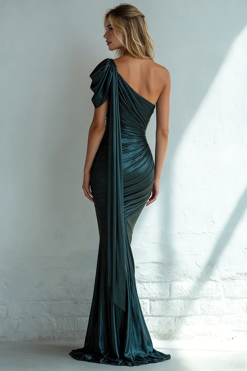 Load image into Gallery viewer, Dark Green Mermaid One Shoulder Long Formal Dress with Side Cape