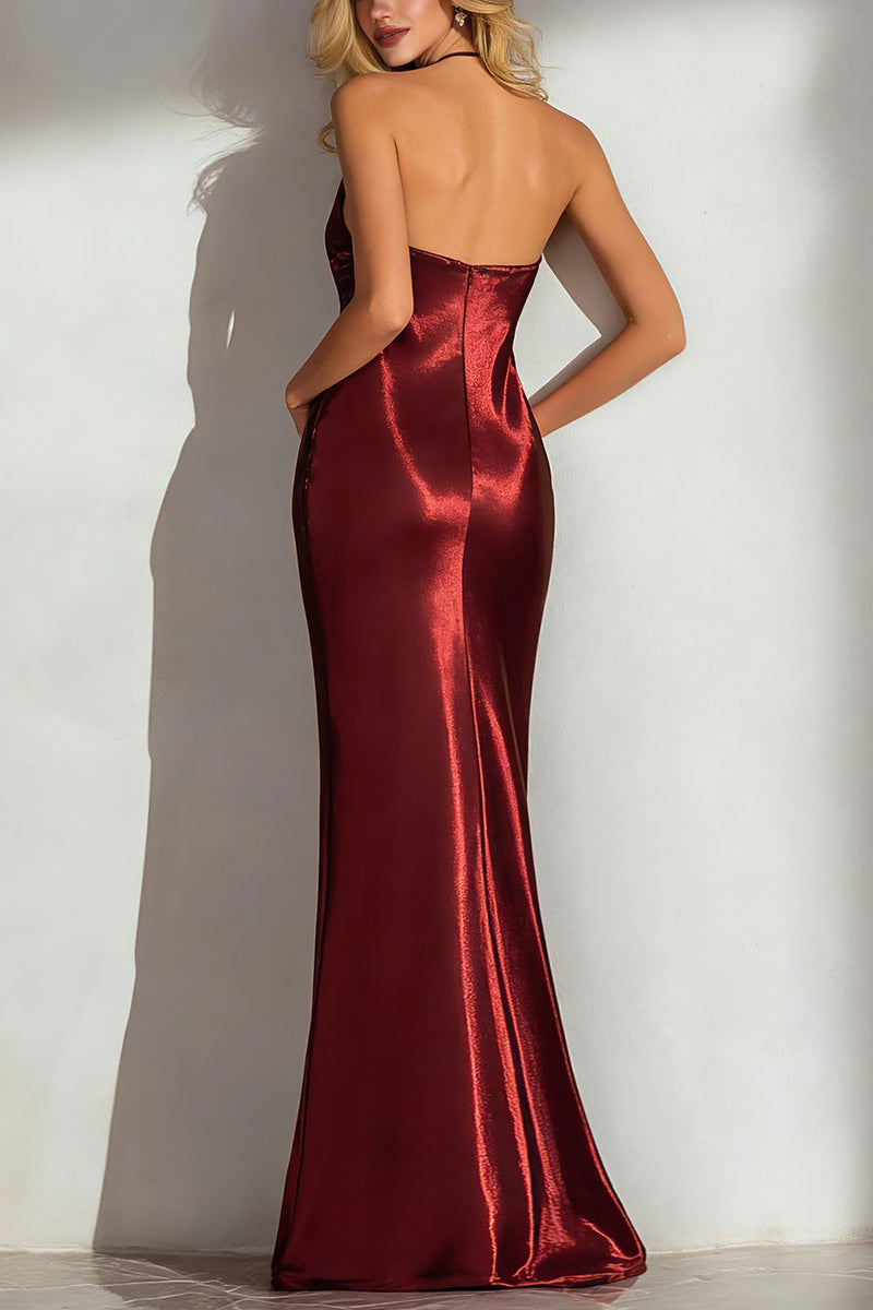 Load image into Gallery viewer, Burgundy Sheath Pleated Halter Neck Long Formal Dress