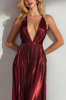 Load image into Gallery viewer, Burgundy Sheath Pleated Halter Neck Long Formal Dress
