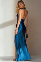 Load image into Gallery viewer, Ink Blue Halter Sheath Satin Long Formal Dress with Slit