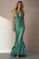 Load image into Gallery viewer, Emerald Green Mermaid Deep V Neck Long Formal Dress with Ruffles