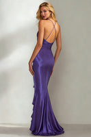 Load image into Gallery viewer, Dark Purple Mermaid V Neck Long Satin Formal Dress with Ruffles