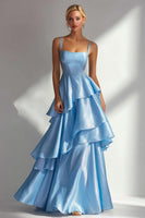 Load image into Gallery viewer, Light Blue Square Neck Ruffled A Line Long Formal Dress