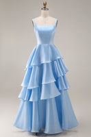 Load image into Gallery viewer, Light Blue Square Neck Ruffled A Line Long Formal Dress