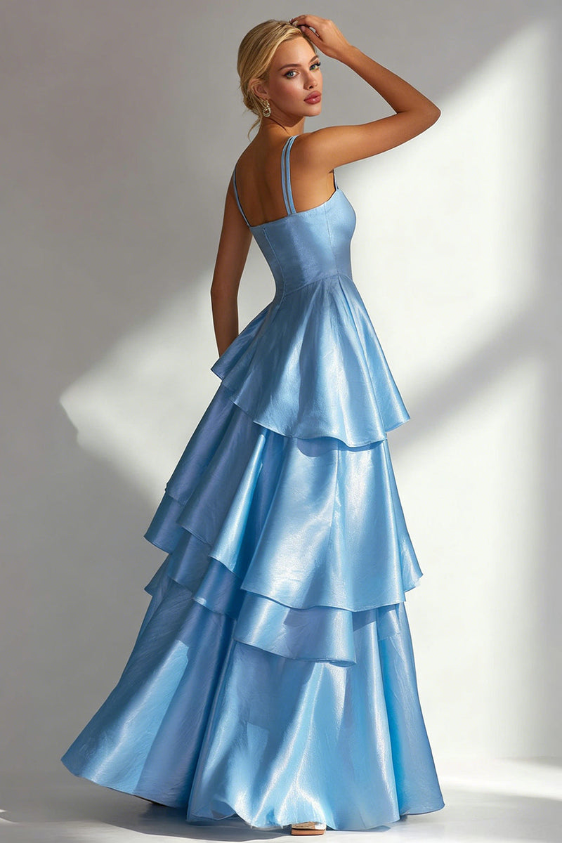 Load image into Gallery viewer, Light Blue Square Neck Ruffled A Line Long Formal Dress
