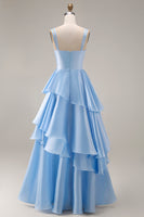 Load image into Gallery viewer, Light Blue Square Neck Ruffled A Line Long Formal Dress