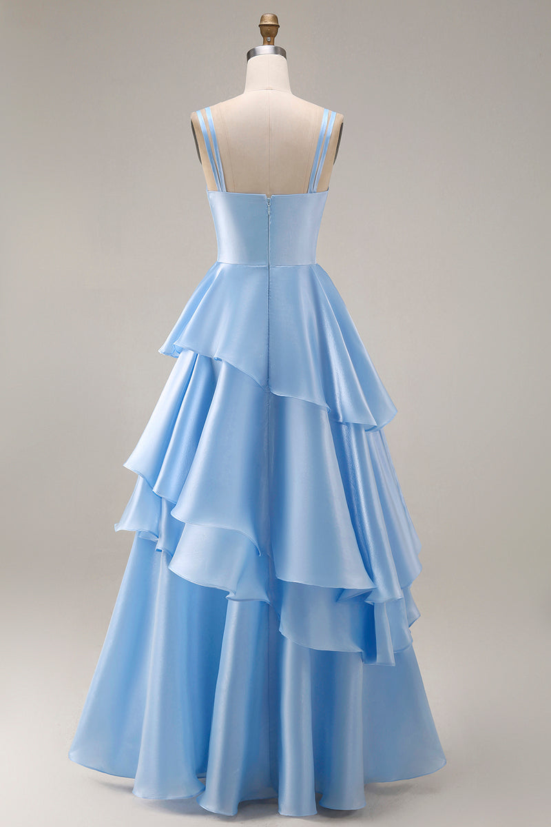 Load image into Gallery viewer, Light Blue Square Neck Ruffled A Line Long Formal Dress