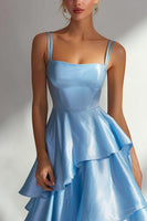 Load image into Gallery viewer, Light Blue Square Neck Ruffled A Line Long Formal Dress