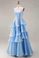 Load image into Gallery viewer, Light Blue Square Neck Ruffled A Line Long Formal Dress