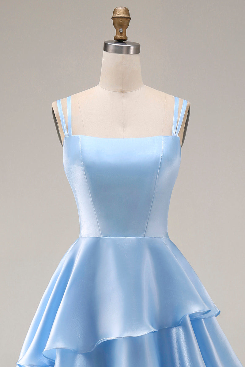 Load image into Gallery viewer, Light Blue Square Neck Ruffled A Line Long Formal Dress