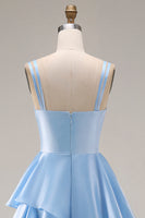 Load image into Gallery viewer, Light Blue Square Neck Ruffled A Line Long Formal Dress