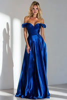 Load image into Gallery viewer, Royal Blue A Line Off the Shoulder Long Formal Dress with Ruffles