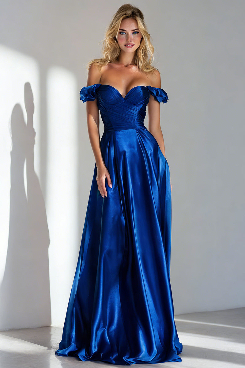 Load image into Gallery viewer, Royal Blue A Line Off the Shoulder Long Formal Dress with Ruffles