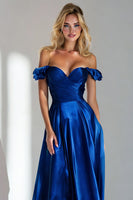 Load image into Gallery viewer, Royal Blue A Line Off the Shoulder Long Formal Dress with Ruffles