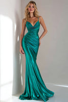 Load image into Gallery viewer, Peacock Green Satin Mermaid Spaghetti Straps Long Formal Dress
