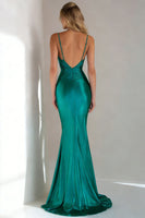Load image into Gallery viewer, Peacock Green Satin Mermaid Spaghetti Straps Long Formal Dress
