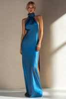 Load image into Gallery viewer, Ink Blue Satin High Neck Long Sheath Formal Dress with Slit
