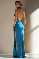 Load image into Gallery viewer, Ink Blue Satin High Neck Long Sheath Formal Dress with Slit