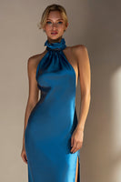 Load image into Gallery viewer, Ink Blue Satin High Neck Long Sheath Formal Dress with Slit