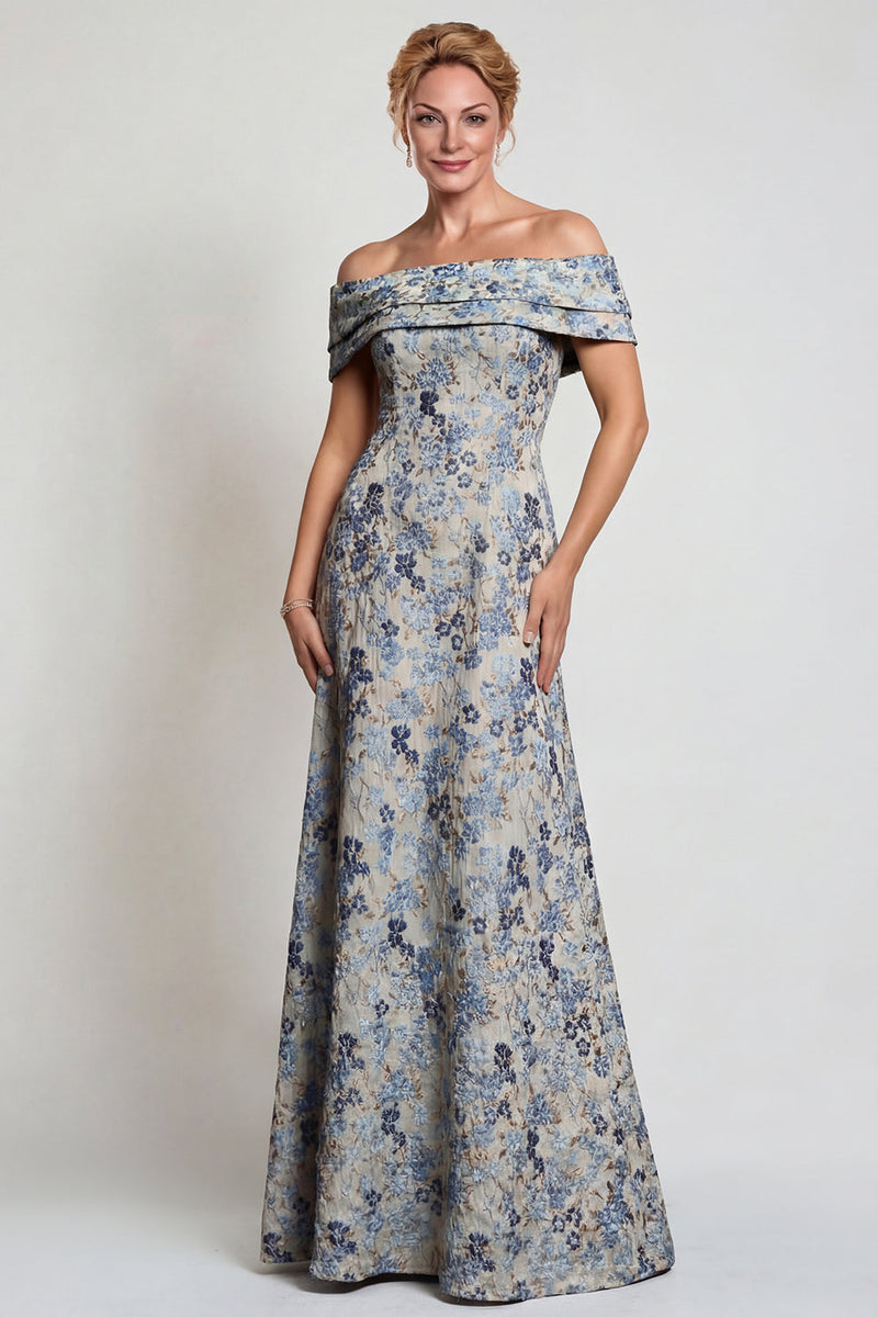 Load image into Gallery viewer, Grey Blue Jacquard Floral Off The Shoulder Long Mother of the Bride Dress