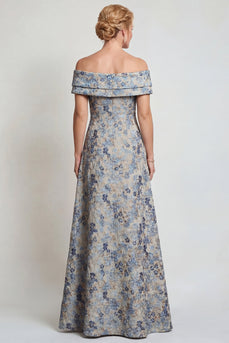Grey Blue Jacquard Floral Off The Shoulder Long Mother of the Bride Dress