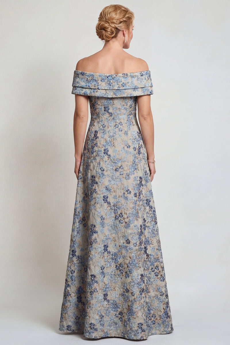 Load image into Gallery viewer, Grey Blue Jacquard Floral Off The Shoulder Long Mother of the Bride Dress