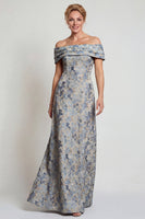 Load image into Gallery viewer, Grey Blue Jacquard Floral Off The Shoulder Long Mother of the Bride Dress