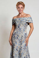Load image into Gallery viewer, Grey Blue Jacquard Floral Off The Shoulder Long Mother of the Bride Dress