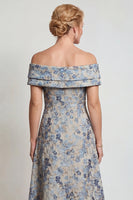 Load image into Gallery viewer, Grey Blue Jacquard Floral Off The Shoulder Long Mother of the Bride Dress