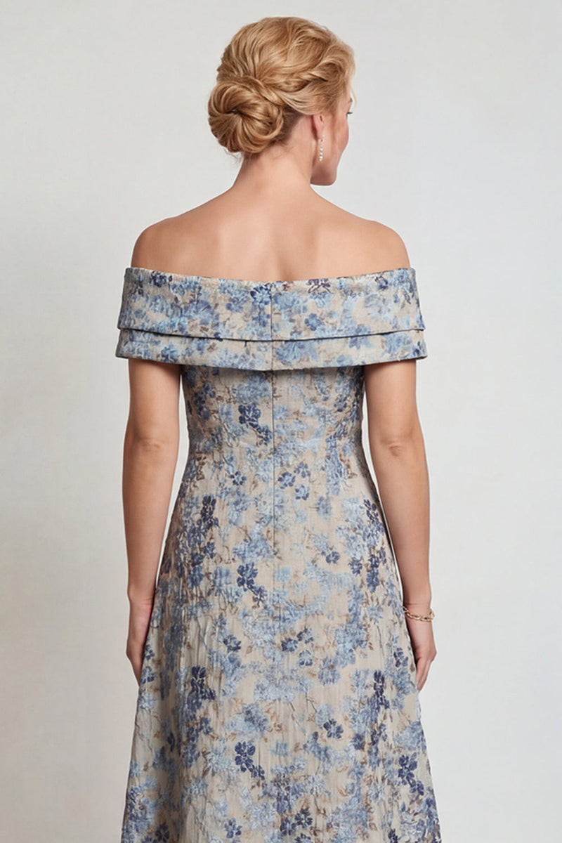 Load image into Gallery viewer, Grey Blue Jacquard Floral Off The Shoulder Long Mother of the Bride Dress