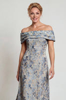 Load image into Gallery viewer, Grey Blue Jacquard Floral Off The Shoulder Long Mother of the Bride Dress