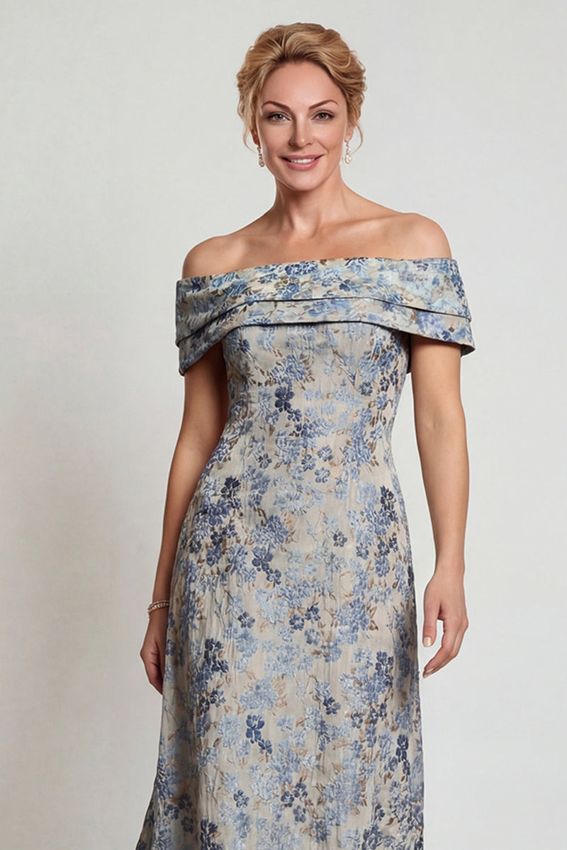 Load image into Gallery viewer, Grey Blue Jacquard Floral Off The Shoulder Long Mother of the Bride Dress