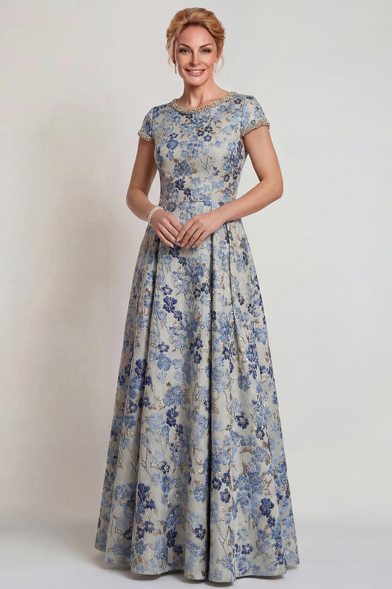 Load image into Gallery viewer, Grey Blue Floral A Line Jacquard Long Mother of the Bride Dress with Sleeves