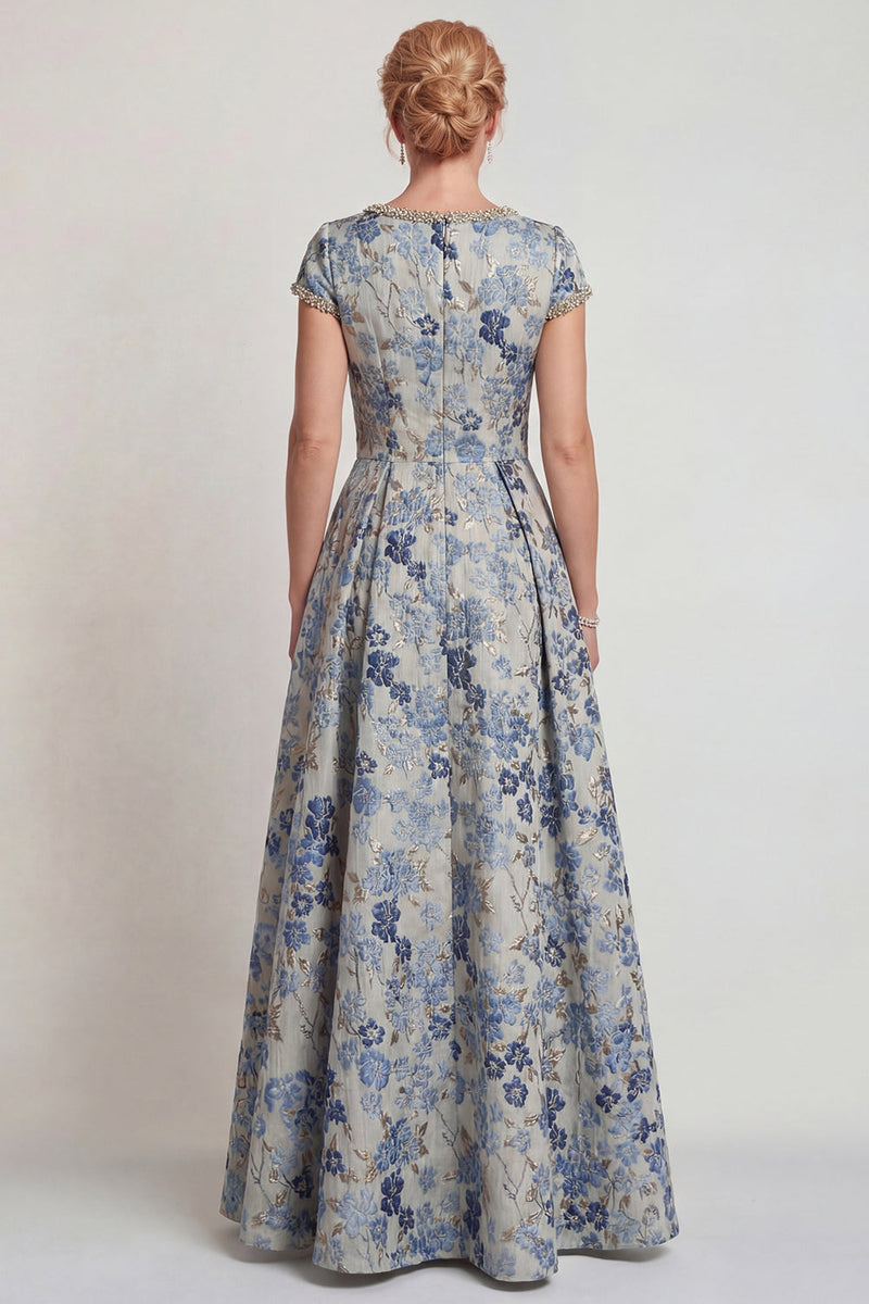 Load image into Gallery viewer, Grey Blue Floral A Line Jacquard Long Mother of the Bride Dress with Sleeves