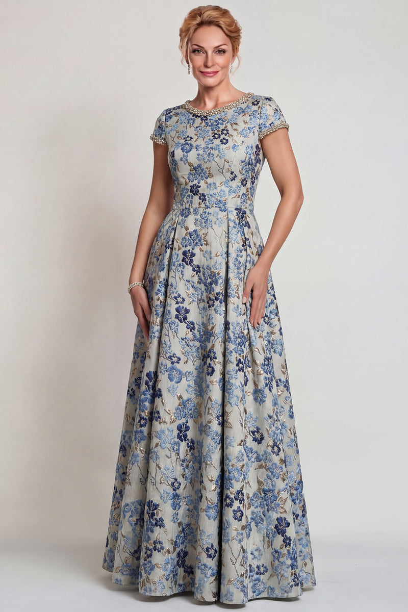 Load image into Gallery viewer, Grey Blue Floral A Line Jacquard Long Mother of the Bride Dress with Sleeves