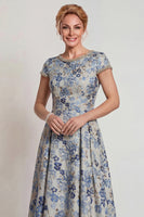 Load image into Gallery viewer, Grey Blue Floral A Line Jacquard Long Mother of the Bride Dress with Sleeves