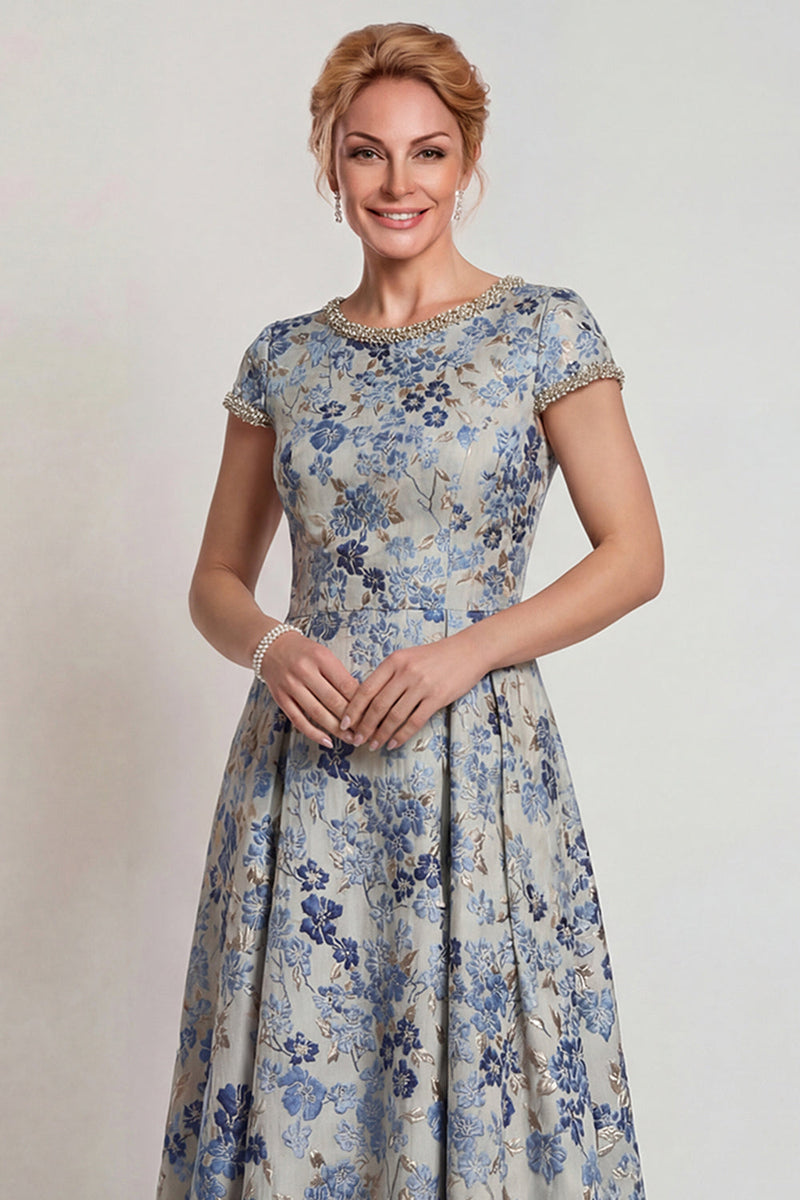 Load image into Gallery viewer, Grey Blue Floral A Line Jacquard Long Mother of the Bride Dress with Sleeves