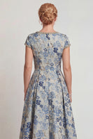 Load image into Gallery viewer, Grey Blue Floral A Line Jacquard Long Mother of the Bride Dress with Sleeves