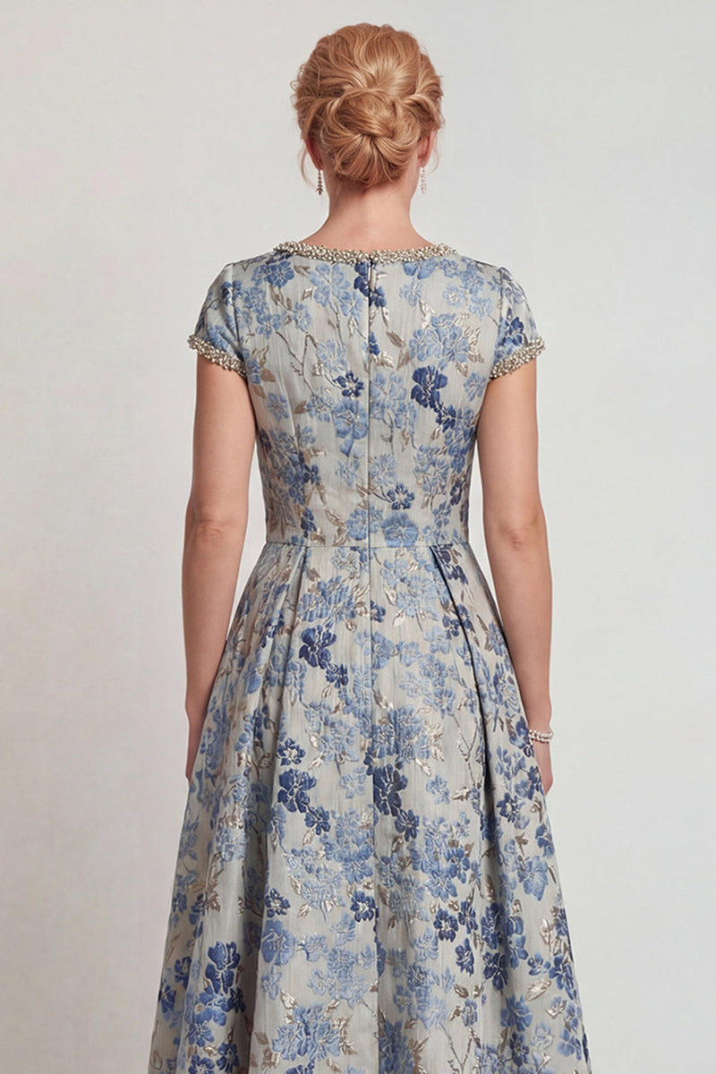Load image into Gallery viewer, Grey Blue Floral A Line Jacquard Long Mother of the Bride Dress with Sleeves