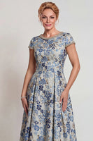 Load image into Gallery viewer, Grey Blue Floral A Line Jacquard Long Mother of the Bride Dress with Sleeves