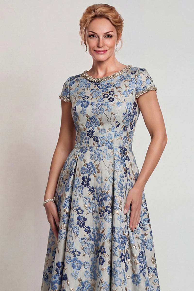 Load image into Gallery viewer, Grey Blue Floral A Line Jacquard Long Mother of the Bride Dress with Sleeves