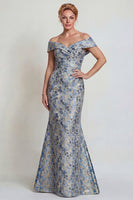 Load image into Gallery viewer, Grey Blue Floral Mermaid Jacquard Long Mother of the Bride Dress