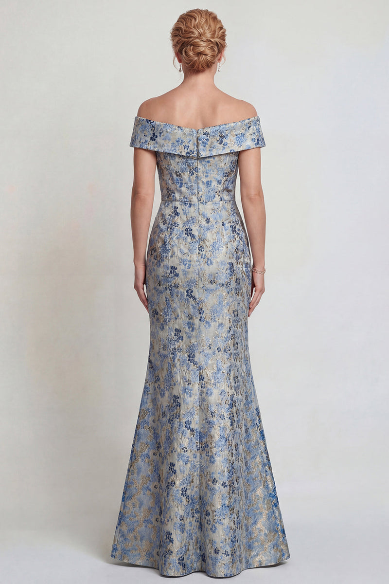 Load image into Gallery viewer, Grey Blue Floral Mermaid Jacquard Long Mother of the Bride Dress