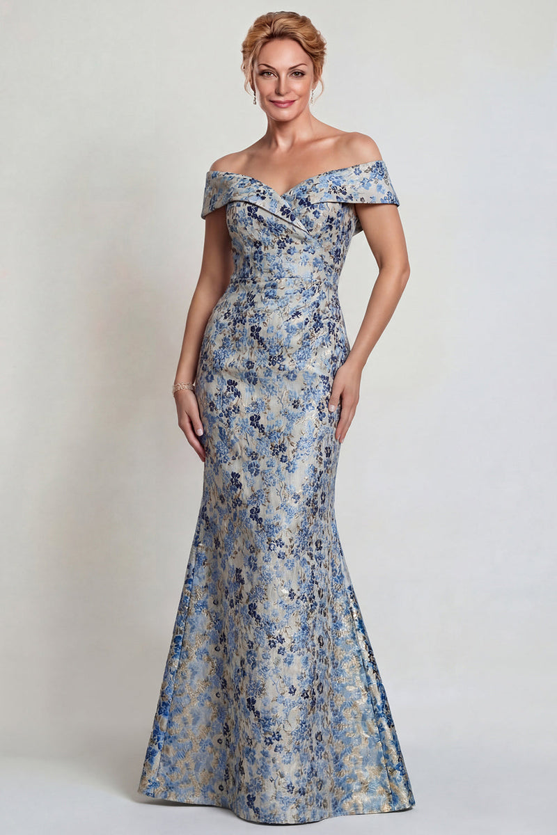 Load image into Gallery viewer, Grey Blue Floral Mermaid Jacquard Long Mother of the Bride Dress