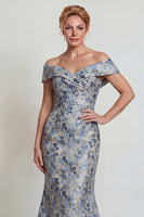 Load image into Gallery viewer, Grey Blue Floral Mermaid Jacquard Long Mother of the Bride Dress