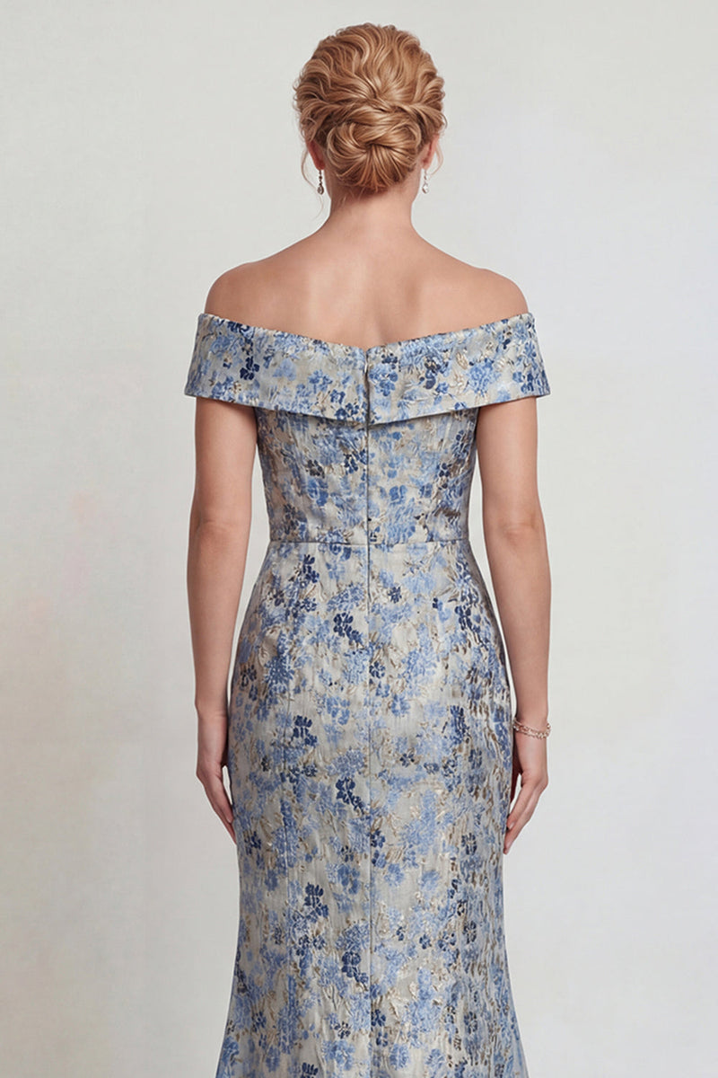 Load image into Gallery viewer, Grey Blue Floral Mermaid Jacquard Long Mother of the Bride Dress
