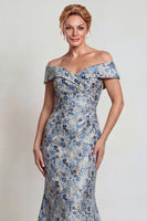 Load image into Gallery viewer, Grey Blue Floral Mermaid Jacquard Long Mother of the Bride Dress