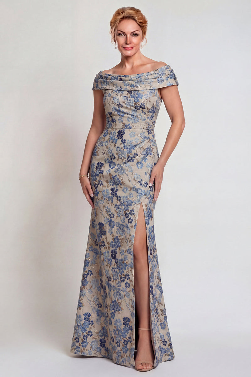 Load image into Gallery viewer, Grey Blue Mermaid Jacquard Floral Long Mother of the Bride Dress with Slit